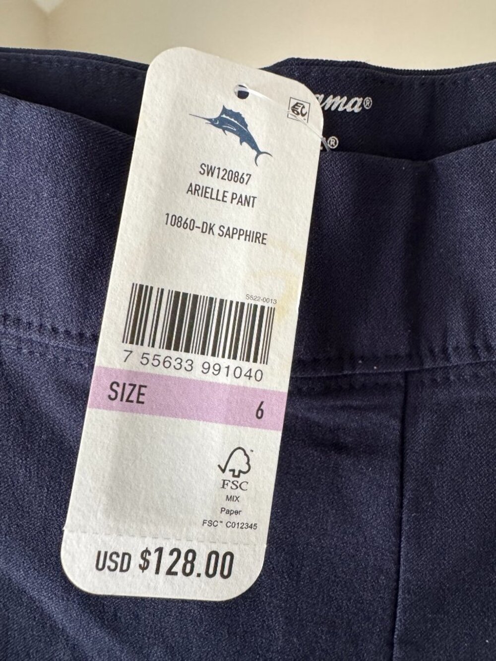 NWT Tommy Bahama IslandZone Arielle Women's Dark Navy Sapphire Size 6 Pants - Picture 1 of 3